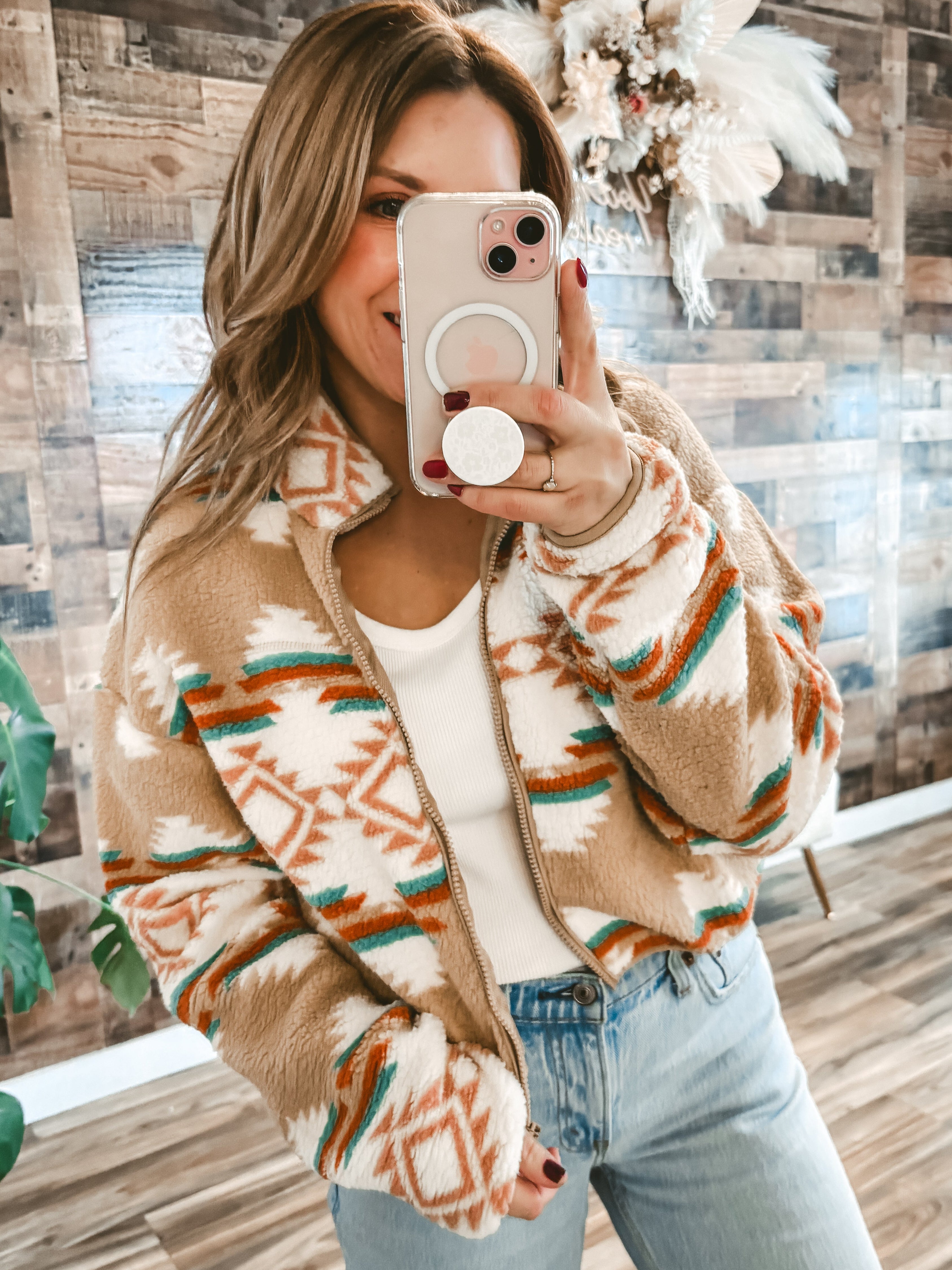 Tan Western Boho Aztec Sherpa Cropped Jacket