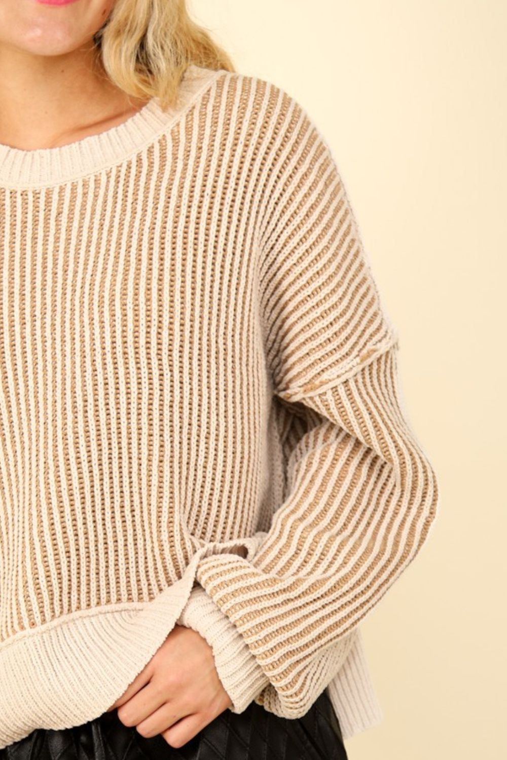 Exposed Seam Cropped Striped Slit Sweater