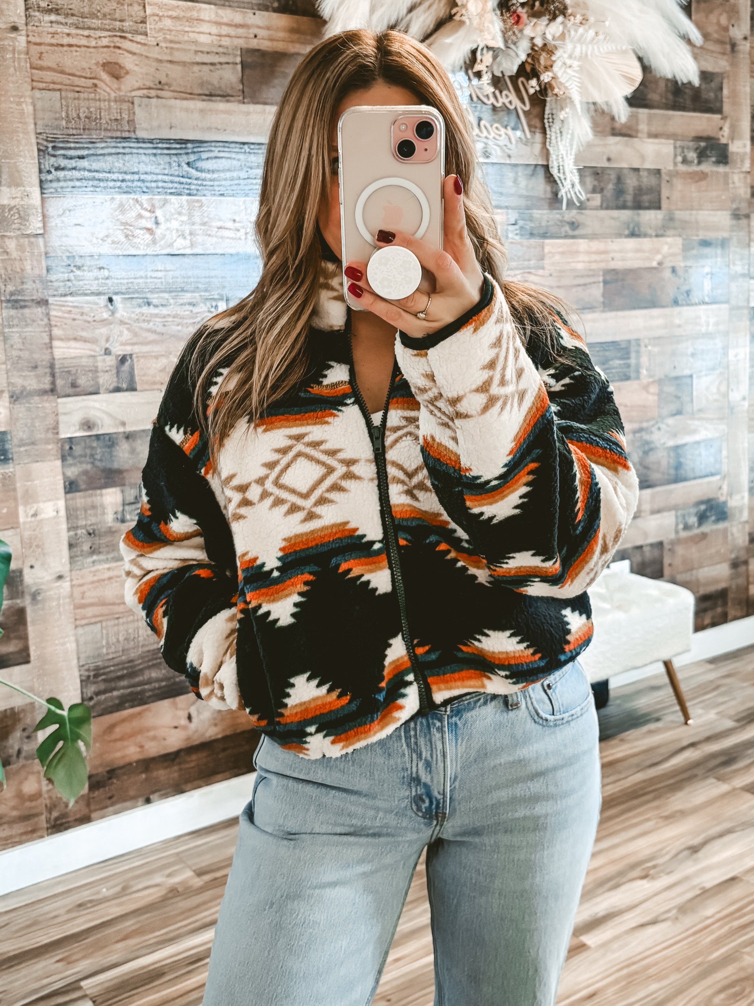 Western Boho Aztec Sherpa Cropped Jacket