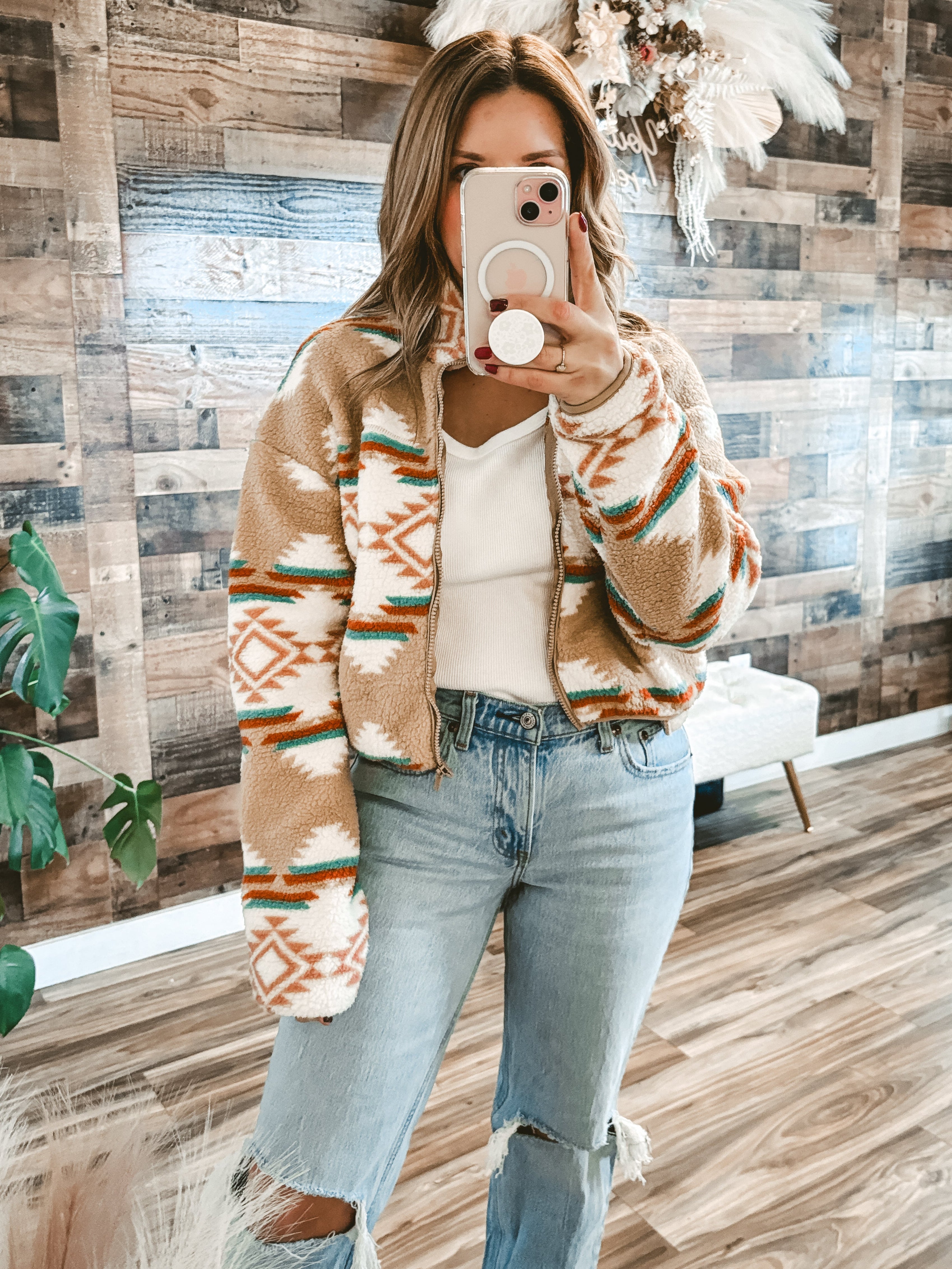 Tan Western Boho Aztec Sherpa Cropped Jacket