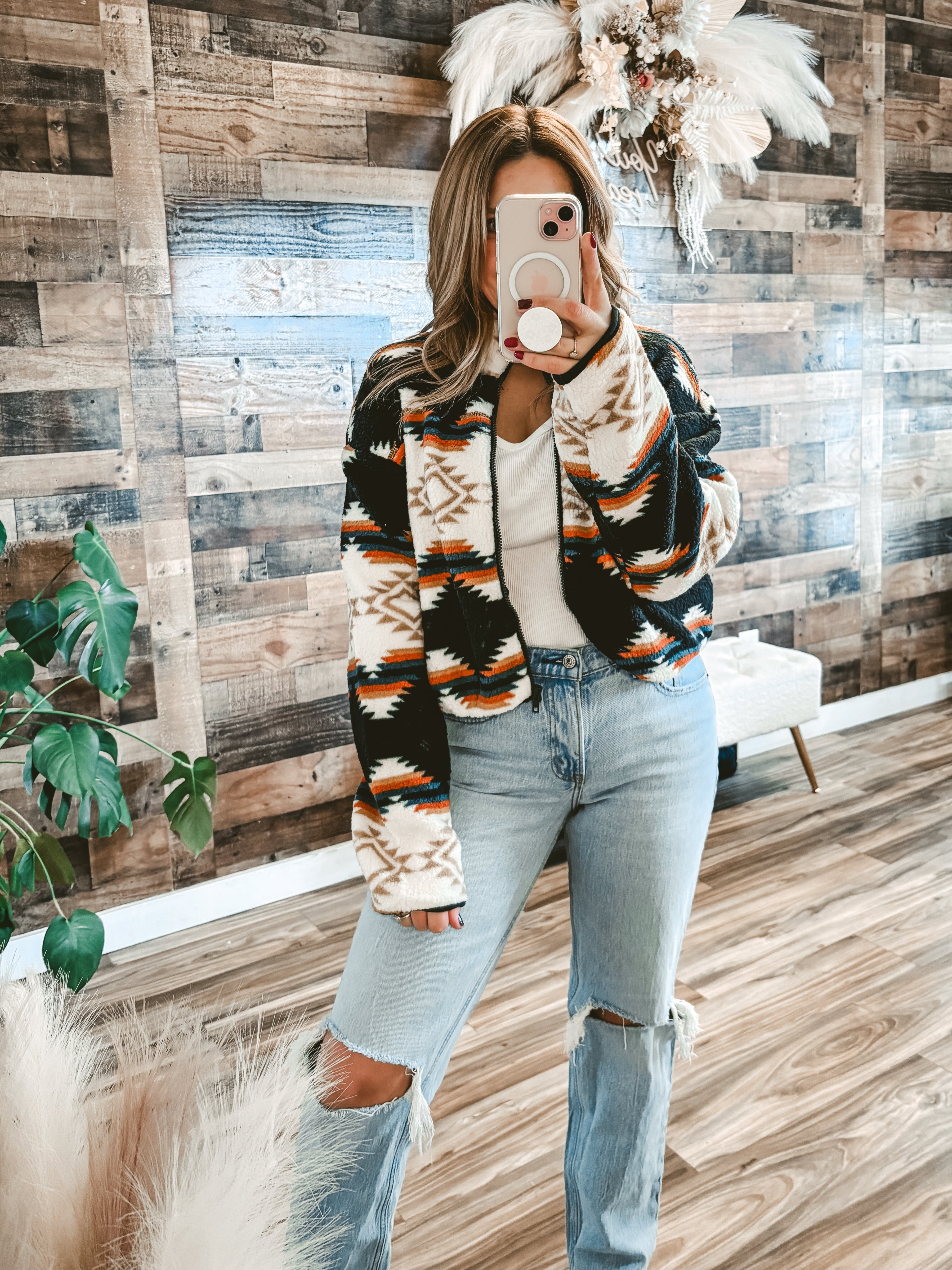 Western Boho Aztec Sherpa Cropped Jacket