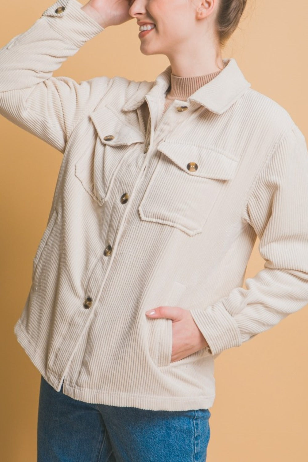 Corduroy Button Up Jacket with Sherpa Inside (cream)