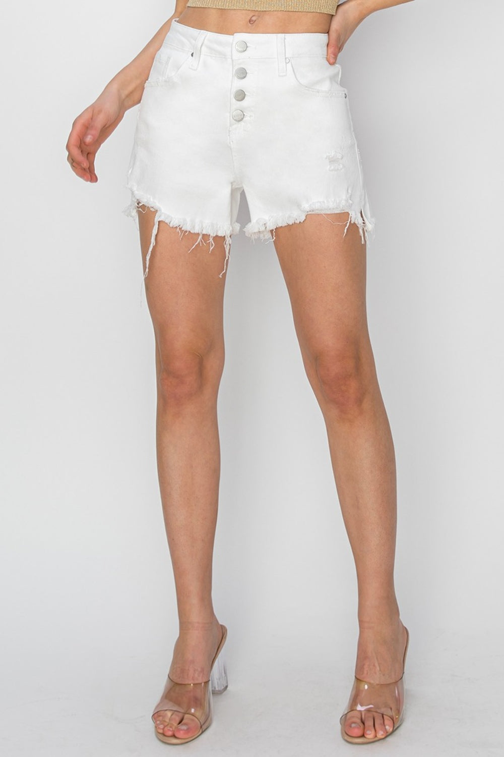 RISEN Button Fly Frayed Hem Denim Shorts (White)
